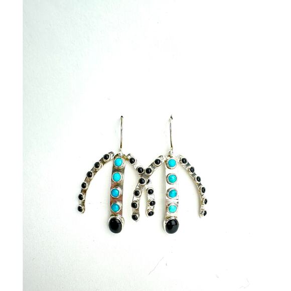 Arizona Turquoise Black Onyx Sterling 925 Silver Earrings - Picture 2 of 3